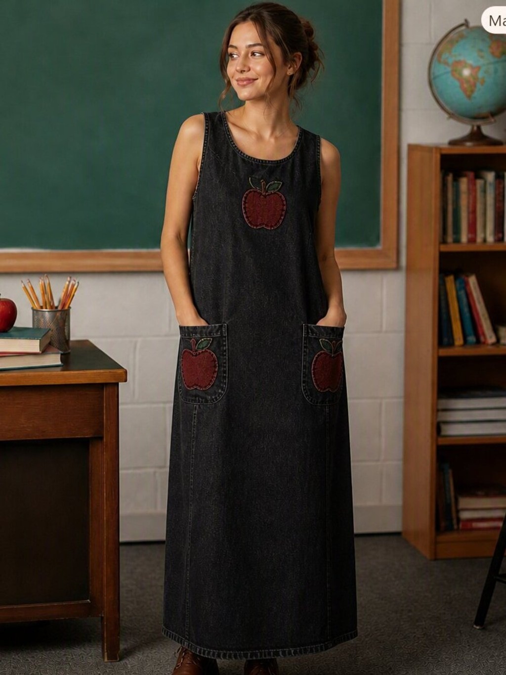 Vintage 90s Mandal Bay Black Denim Jumper Dress XL Apple Plaid Patchwork Maxi