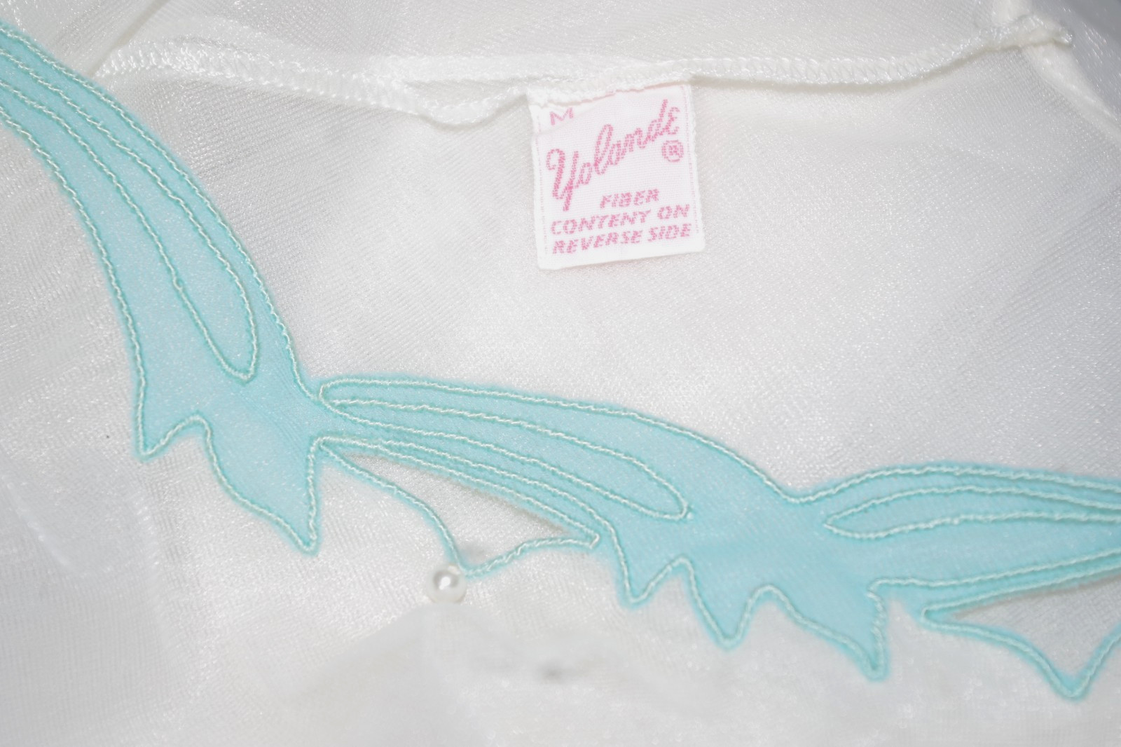 K Vintage Yolande M Off White & Aqua Openwork Pearls Chiffon Nylon Nightgown