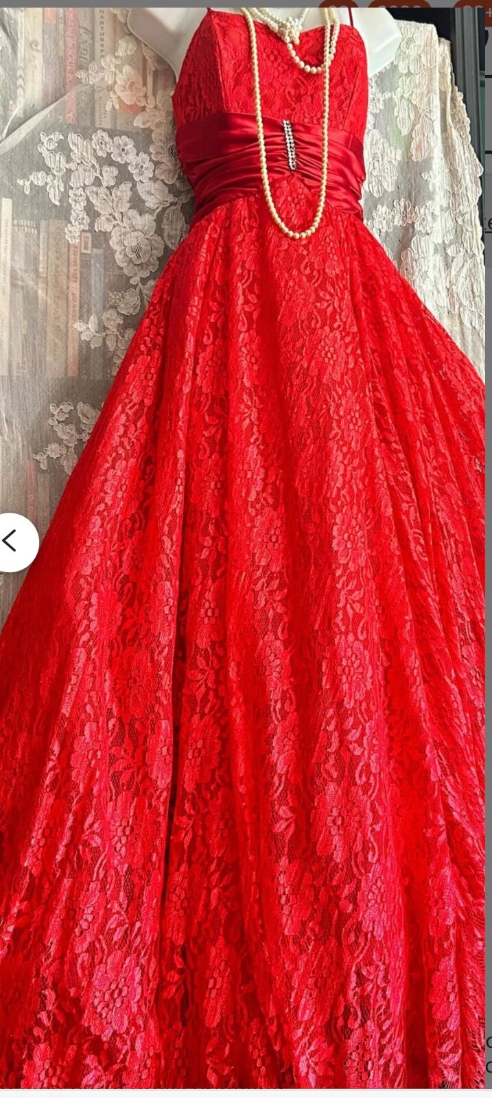 80s Red lace dress vintage vampy gown halloween costume stage dance formal red p
