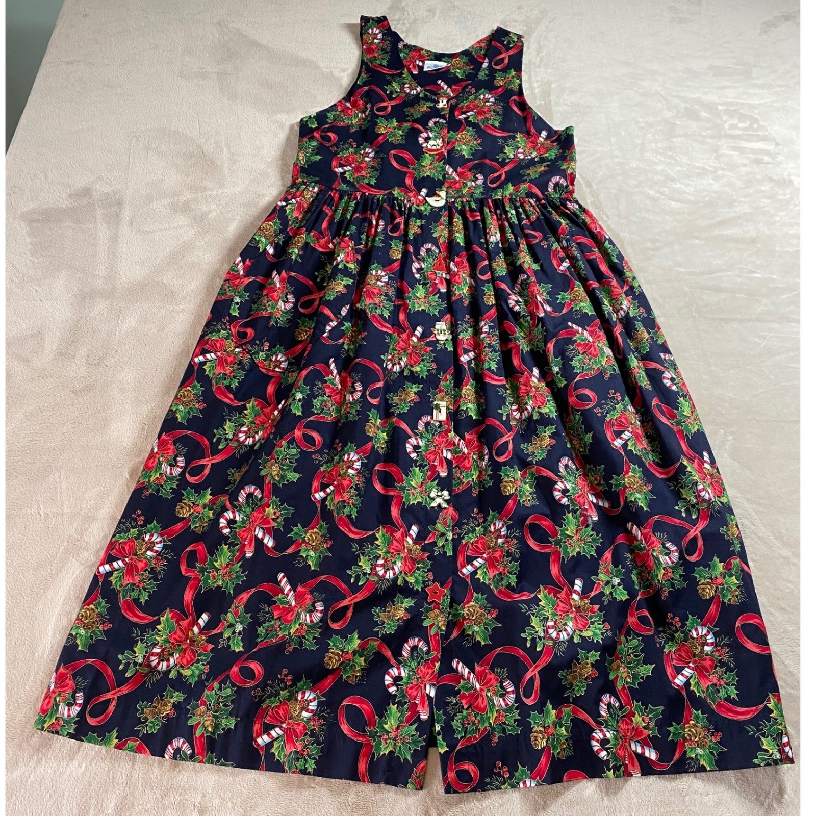Vintage Dogwood Lane Christmas Dress Womens Medium Navy Blue Novelty Button Midi