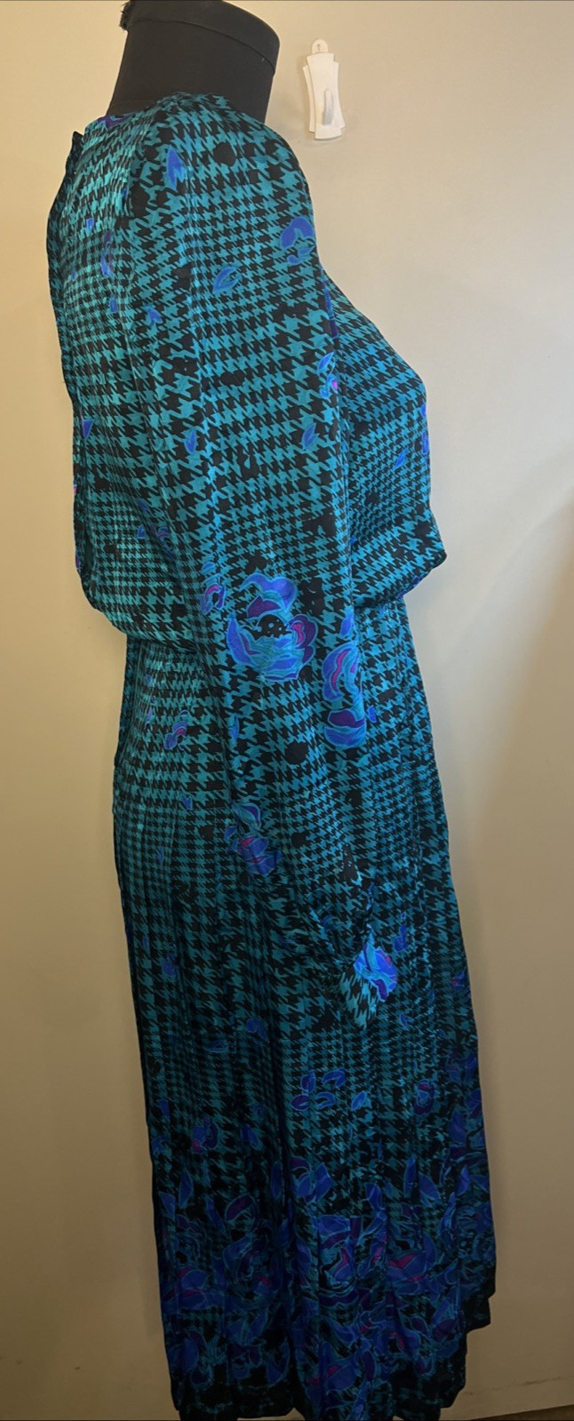 Adrianna Papell 100% Silk Size 8 Dress Pleated Teal HoundsTooth VTG 80s
