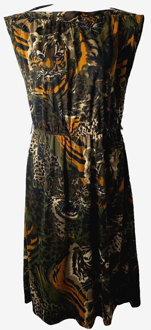 Vintage 70s Pinup Sheath Dress 7 Wiggle Tiger Jungle Camo Rockabilly Union USA