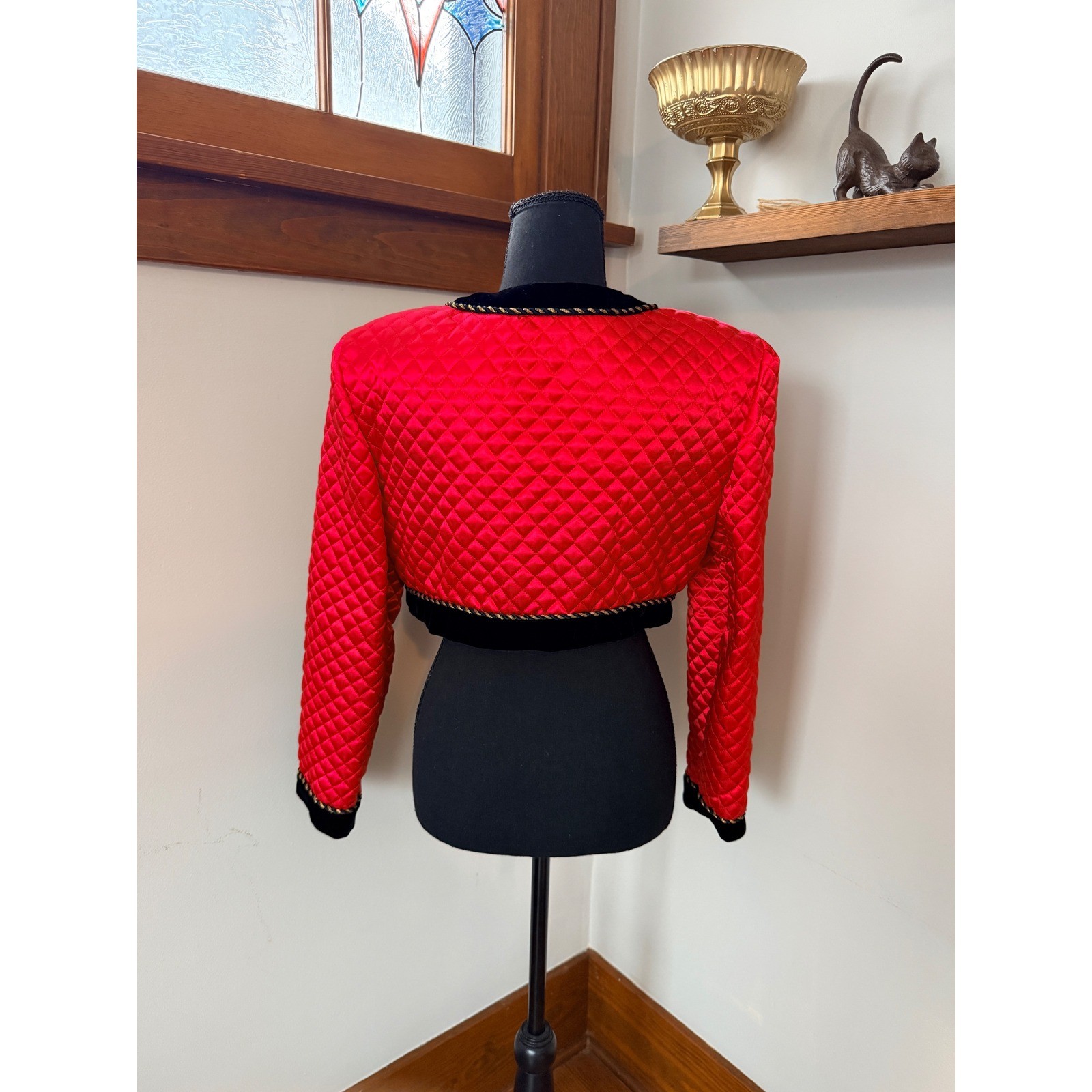 Vintage 80s Karen Lucas for Niki Red Quilted Velvet Trim Cropped Jacket Size M/L