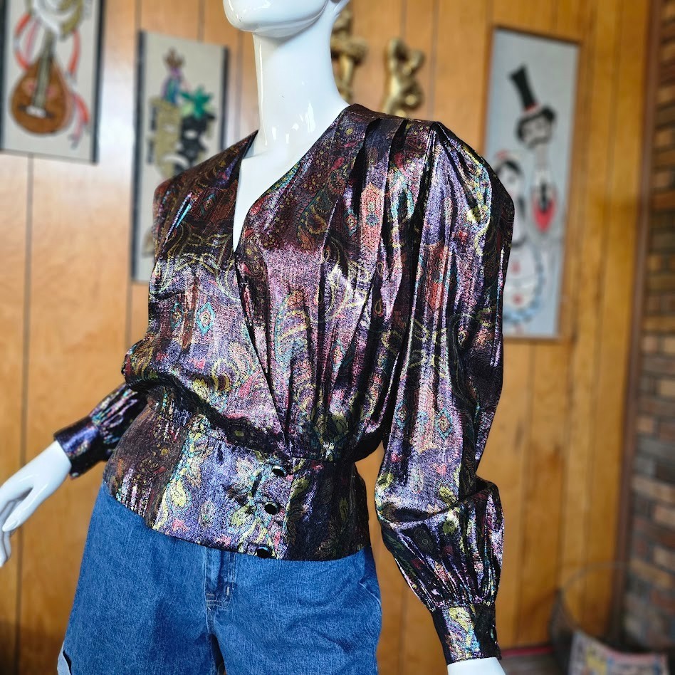 Vtg 80s Disco Glam Slinky Metallic Foil Cocktail Party Deep V Top Wrap Shirt S