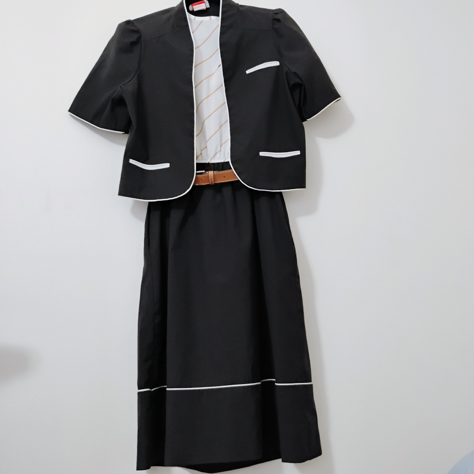 Vintage 80s Belted Dress With Jacket Short Sleeves Louisa Size 10 Black White