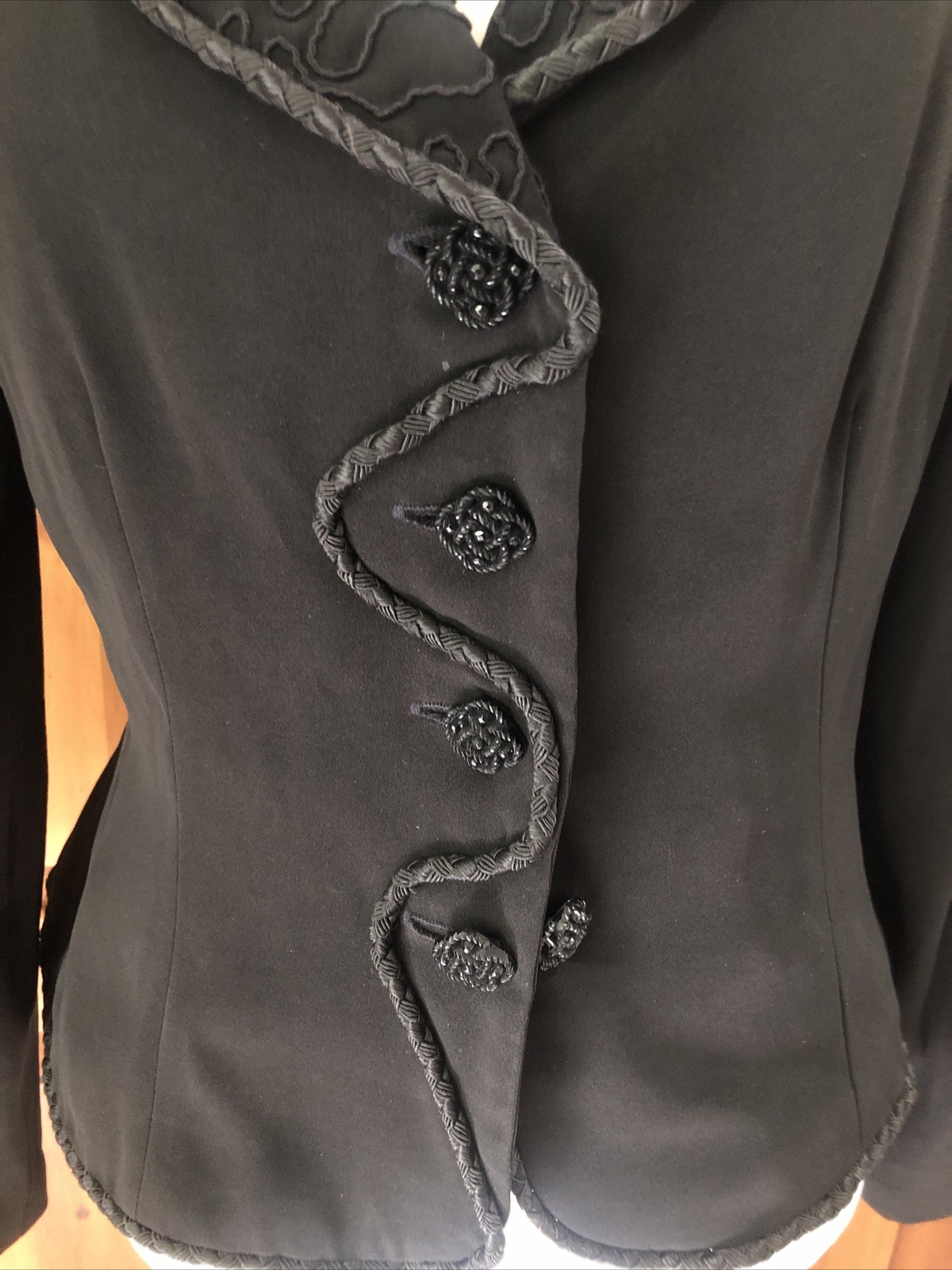 Holly’s Harp vintage 80s black trapunto & braid trim fitted cropped jacket S