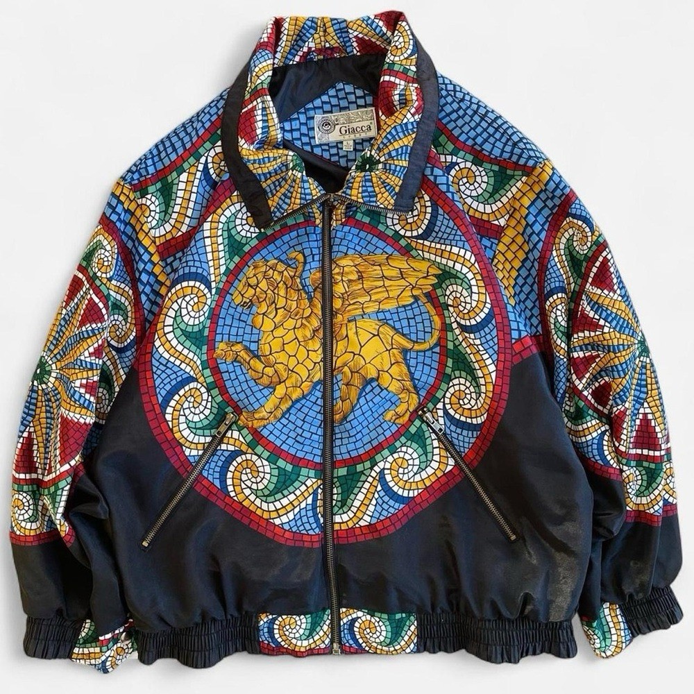 Vintage Giacca Sport Retro Mosaic Griffin Design Zippered Windbreaker Jacket L