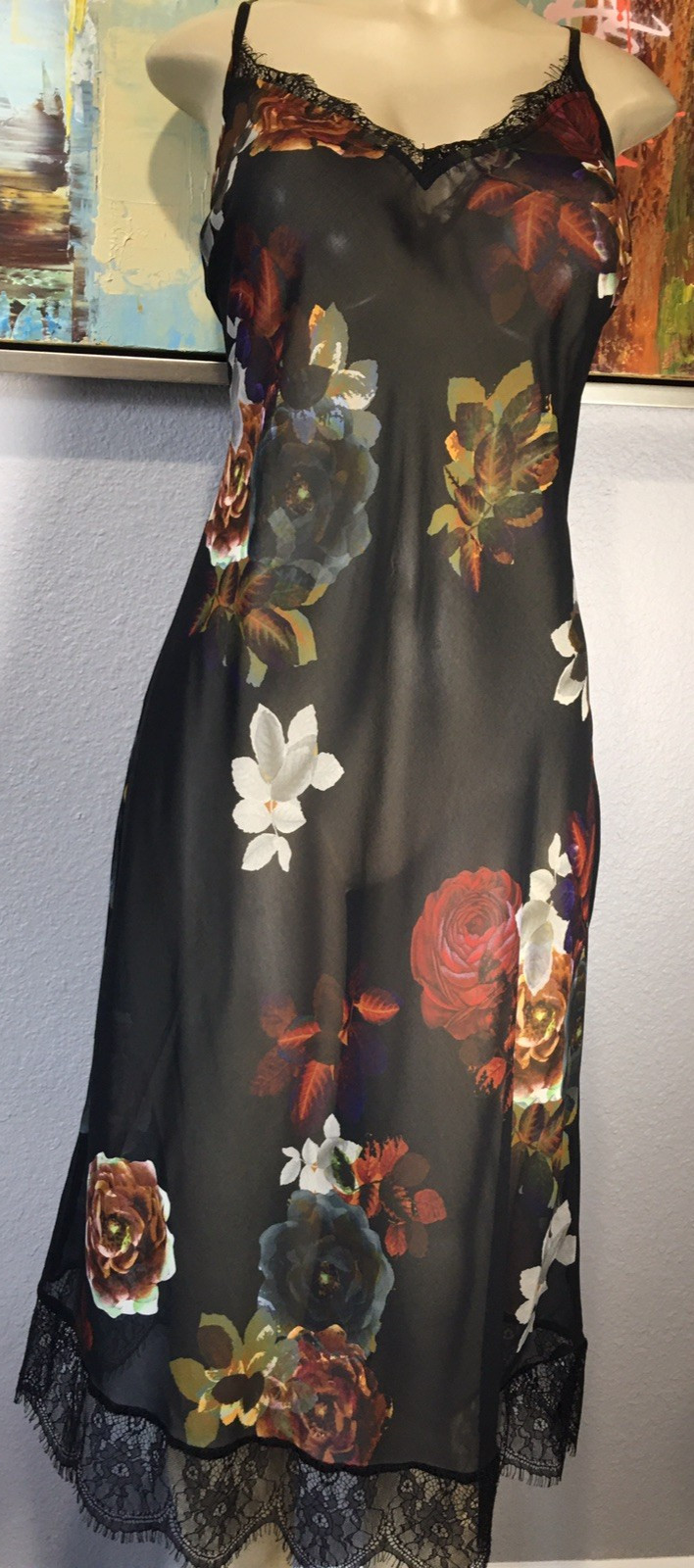 Vtg Floral Black Lace Soft Semi Sheer Nightgown Dress Robe L
