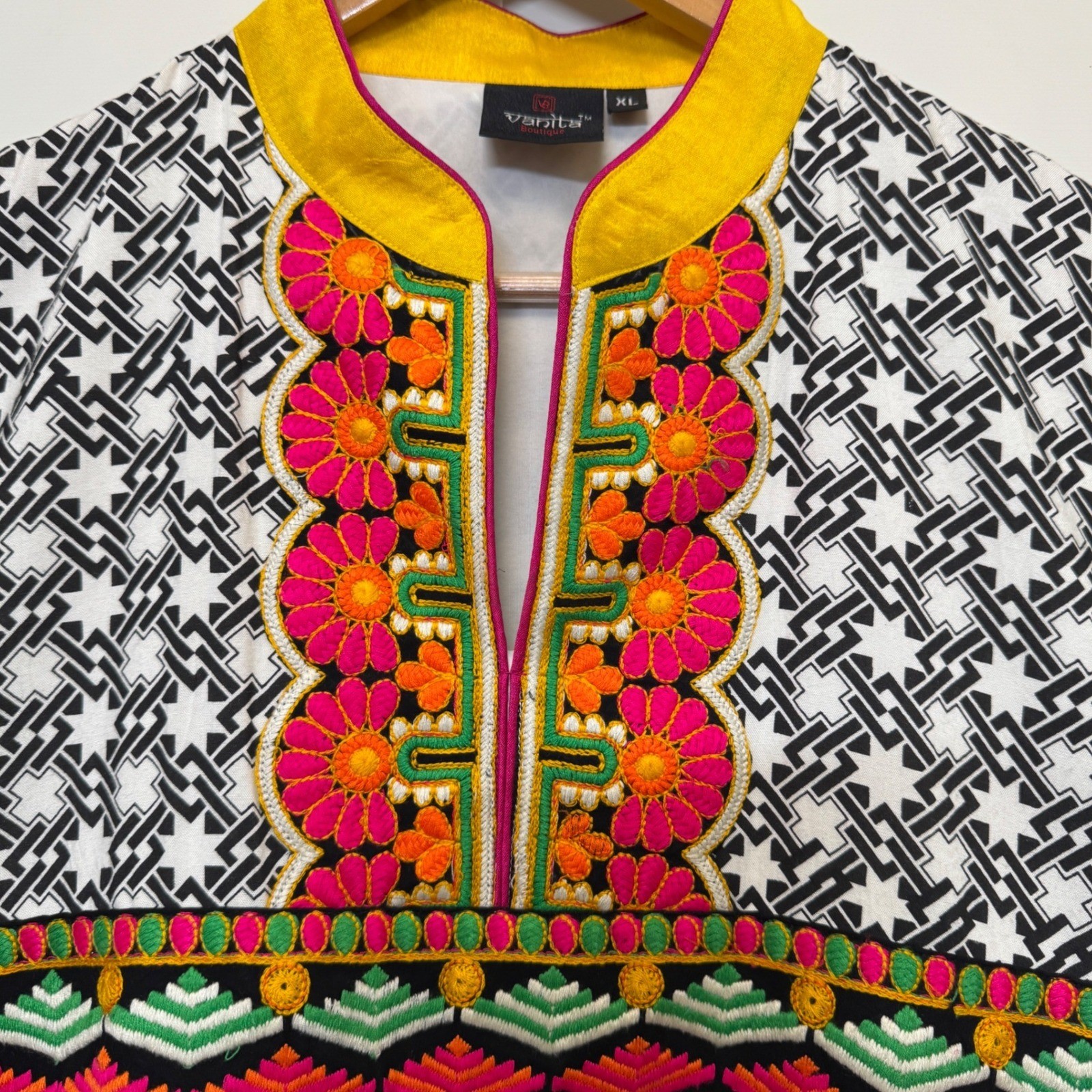 Vanita Boutique Kurta Tunic Dress XL Striped Yellow Embroidered Vtg 80s Festive