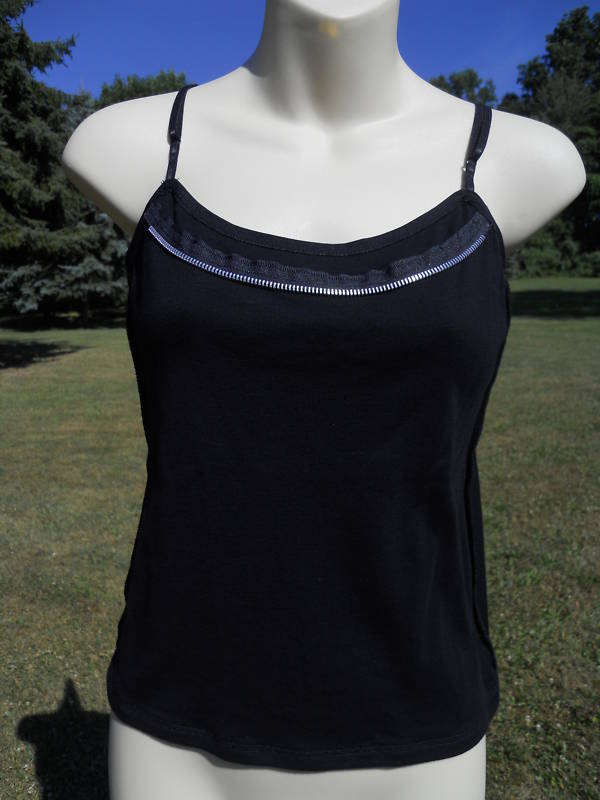 Nos 90s Serious Black Zipper Tank Top Bra Strap Blouse T Shirt Psychobilly Punk