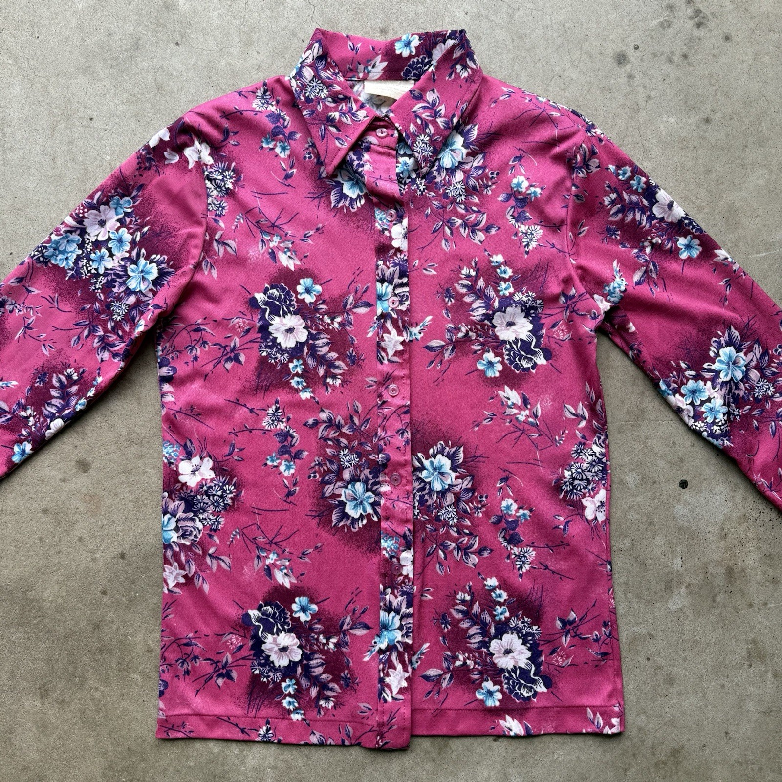 Disco Retro Vintage 70s Floral Blouse Pink Fuchsia Button Up Polyester Womens M