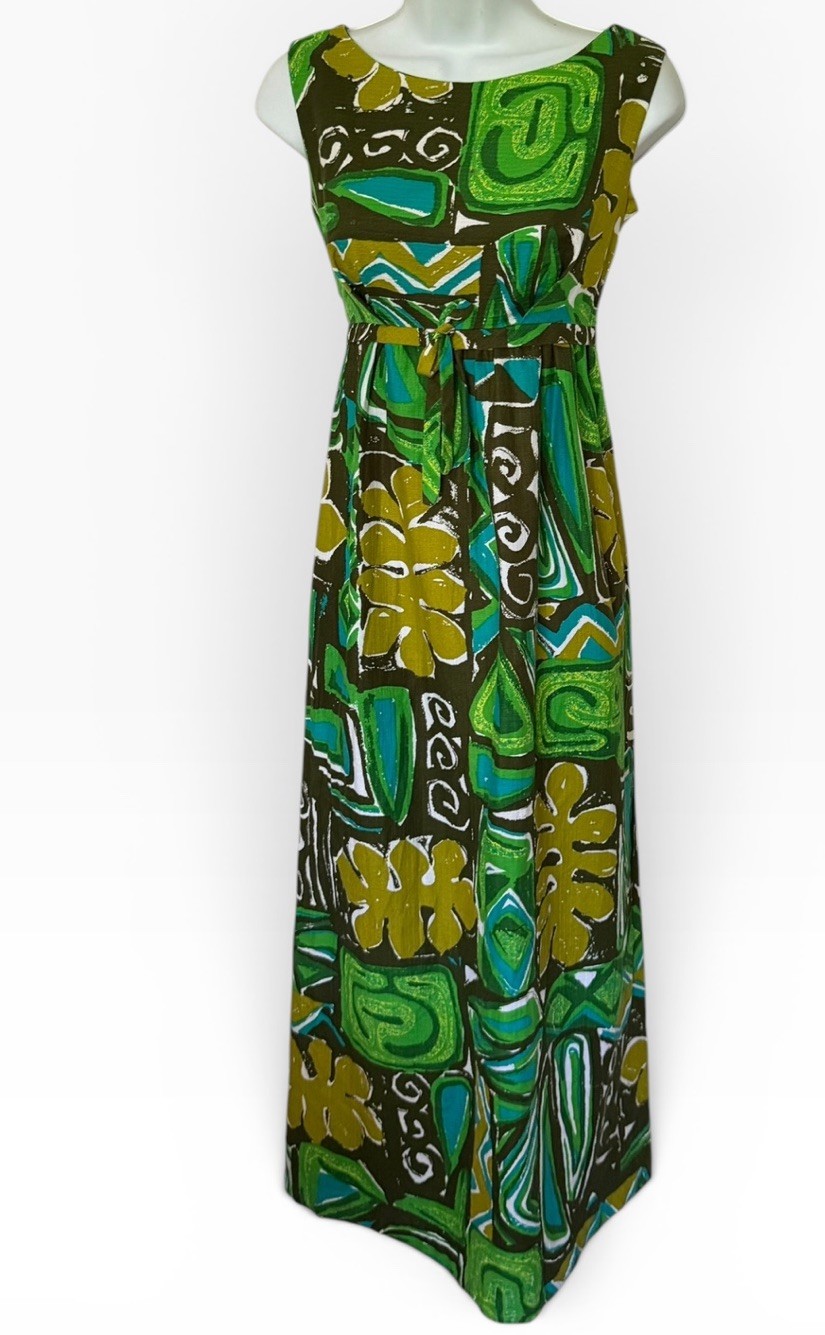 Vtg 60s 70s Hawaiian Tiki Barkcloth Maxi Dress XS Sleeveless Cotton Bow Zip EUC