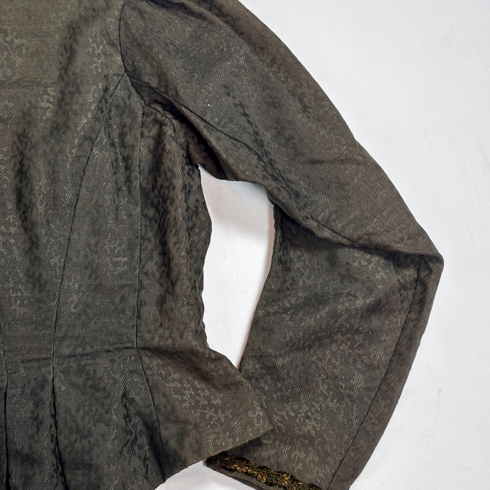 Antique Edwardian Moss Green Jacquard Wool Jacket Blouse Lace Floral Buttons
