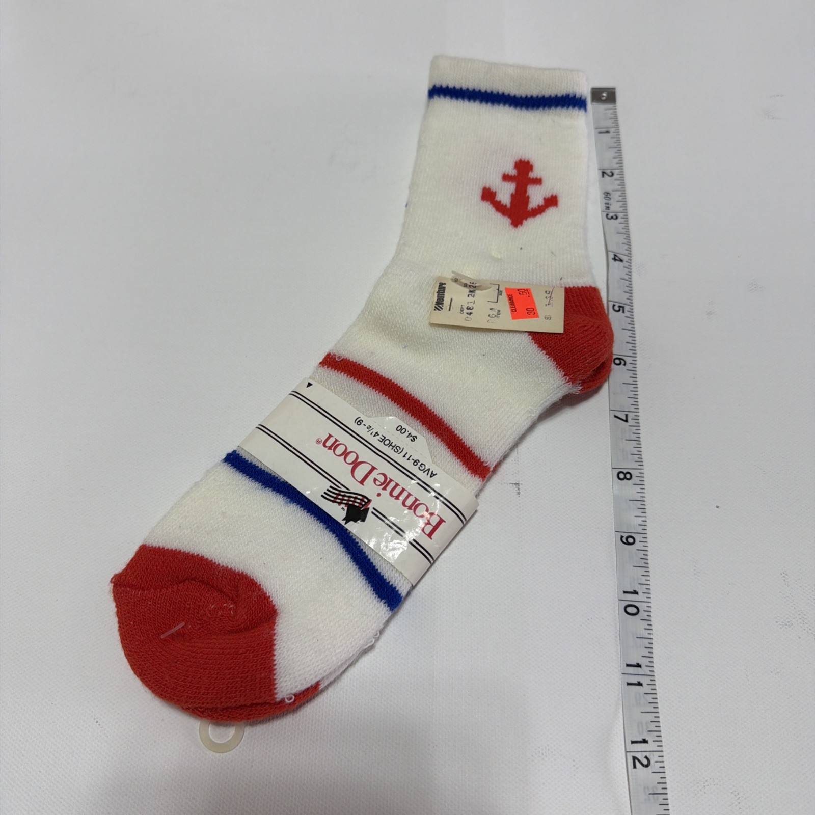 VTG 80s Bonnie Doon Socks Crew Anchor Acrylic Nylon Size 9-11 Orange White Blue.