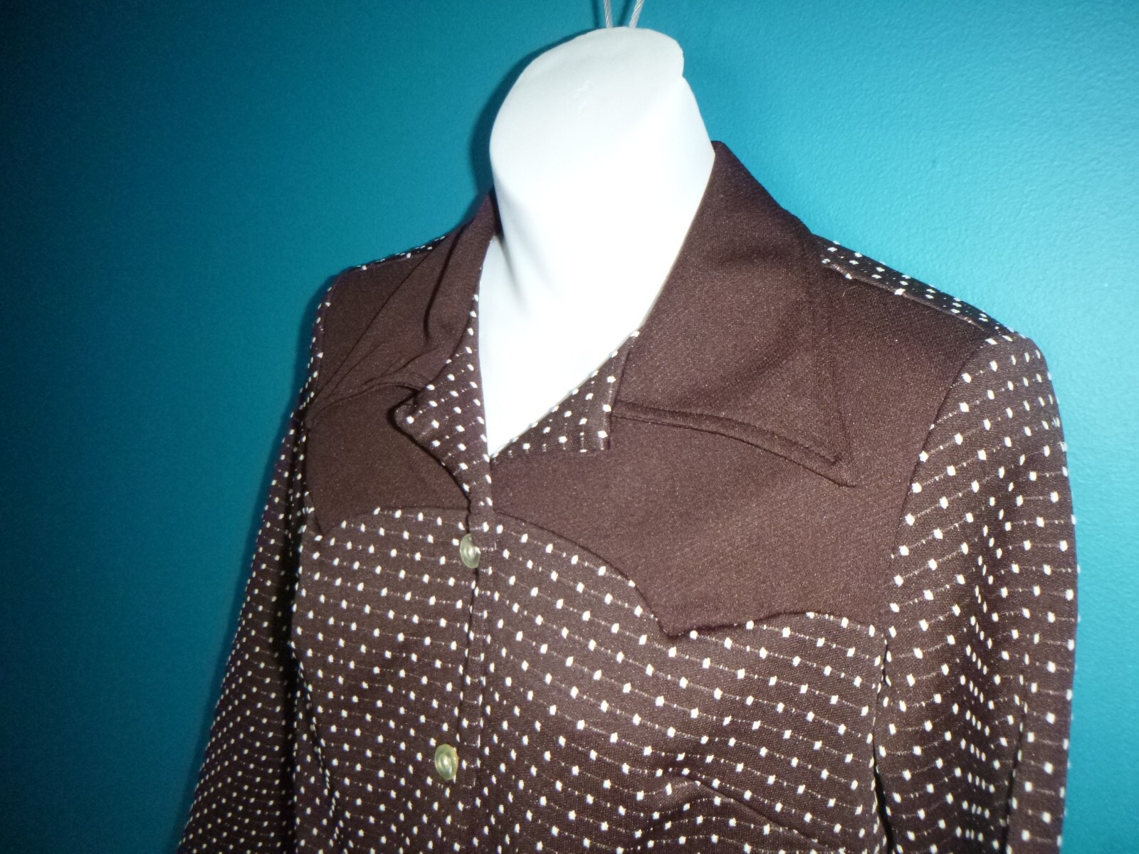 Vtg 60s 70s MOD Polyester Knit Shirt Jacket Brown White Dots Big Collar Sz S/M
