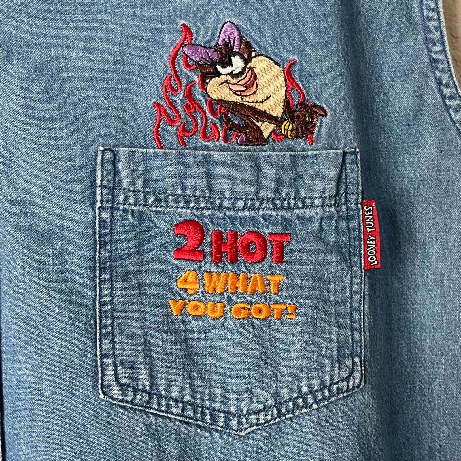 Vintage Looney Tunes Taz Denim Vest Button Down Sleeveless Plus 26/28W Blue Y2K