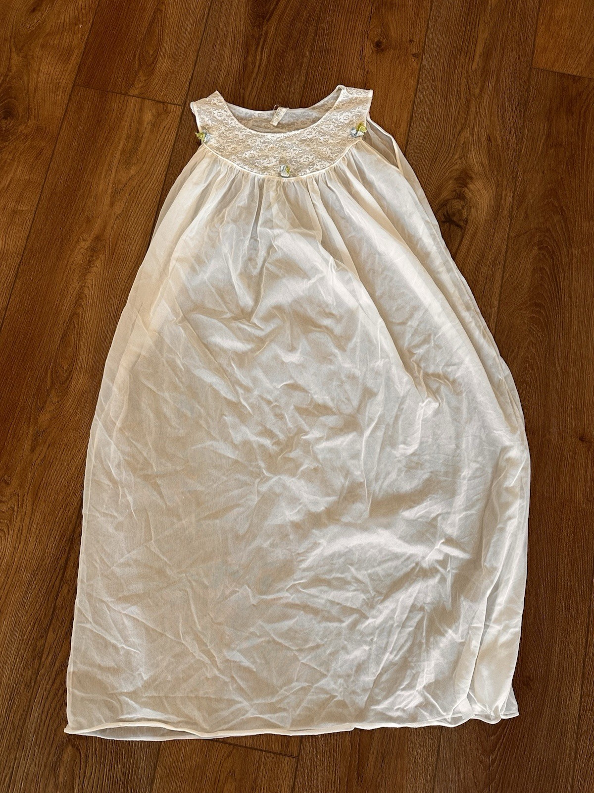 VTG GMC White Sheer & Lace Full-length Nightgown Lingerie SZ M Blue Flower