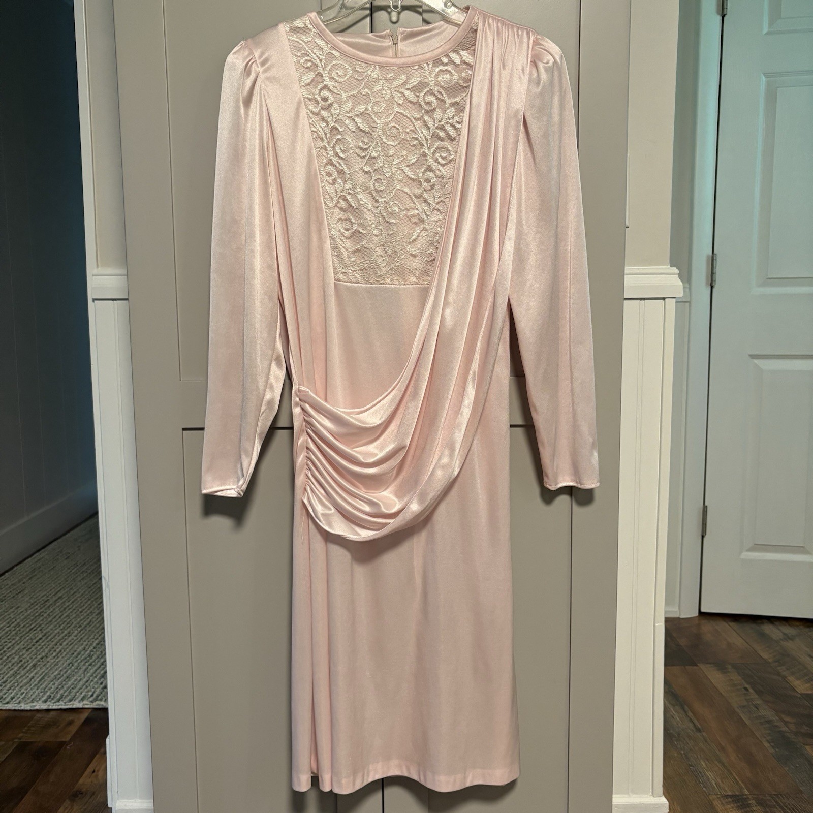 Vintage 60s ?70s Secretary Midi Dress Pink Draped Lace Zipper Back Sz. S/Medium