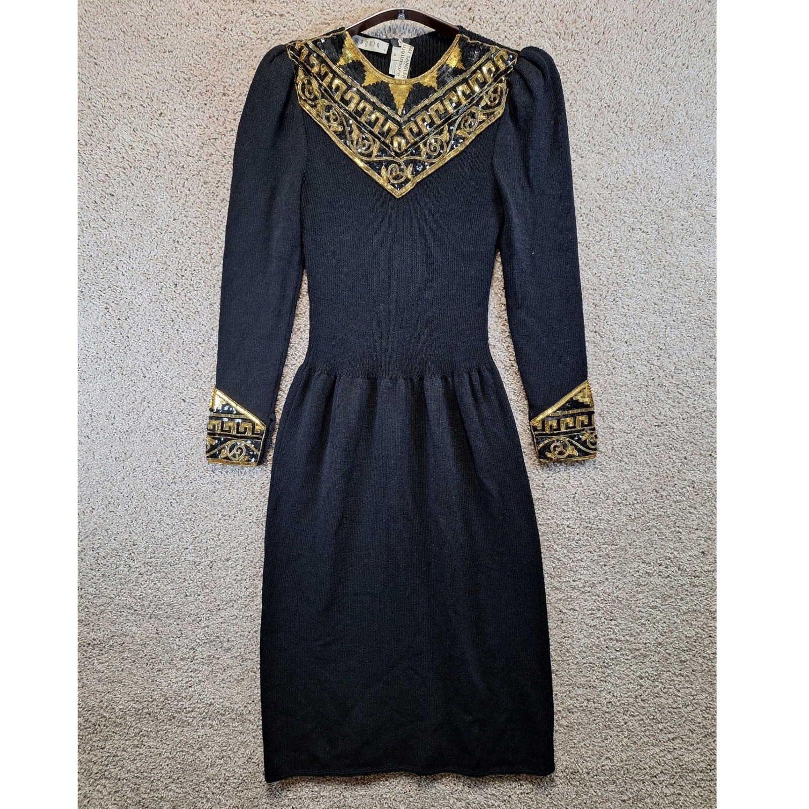 Pat Sandler for Wellmore Dress Women 4 Black Gold Sequin Beaded Vintage Cocktail