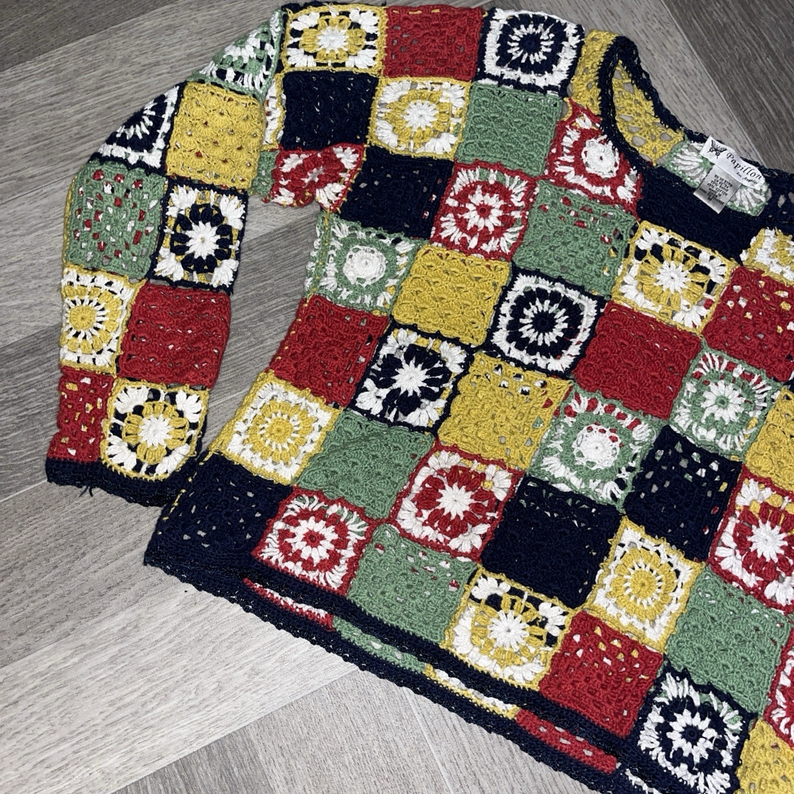 Papillon Los Angeles Crochet Granny Square Long Sleeve Top Vintage Multi Sz Med