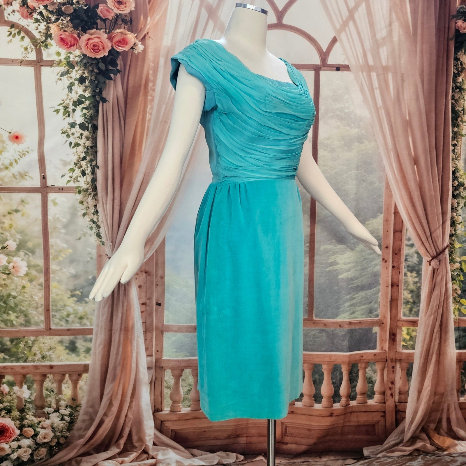 Vintage 1950s Dress Jay Herbert California Teal Ruched Draped Cocktail Formal