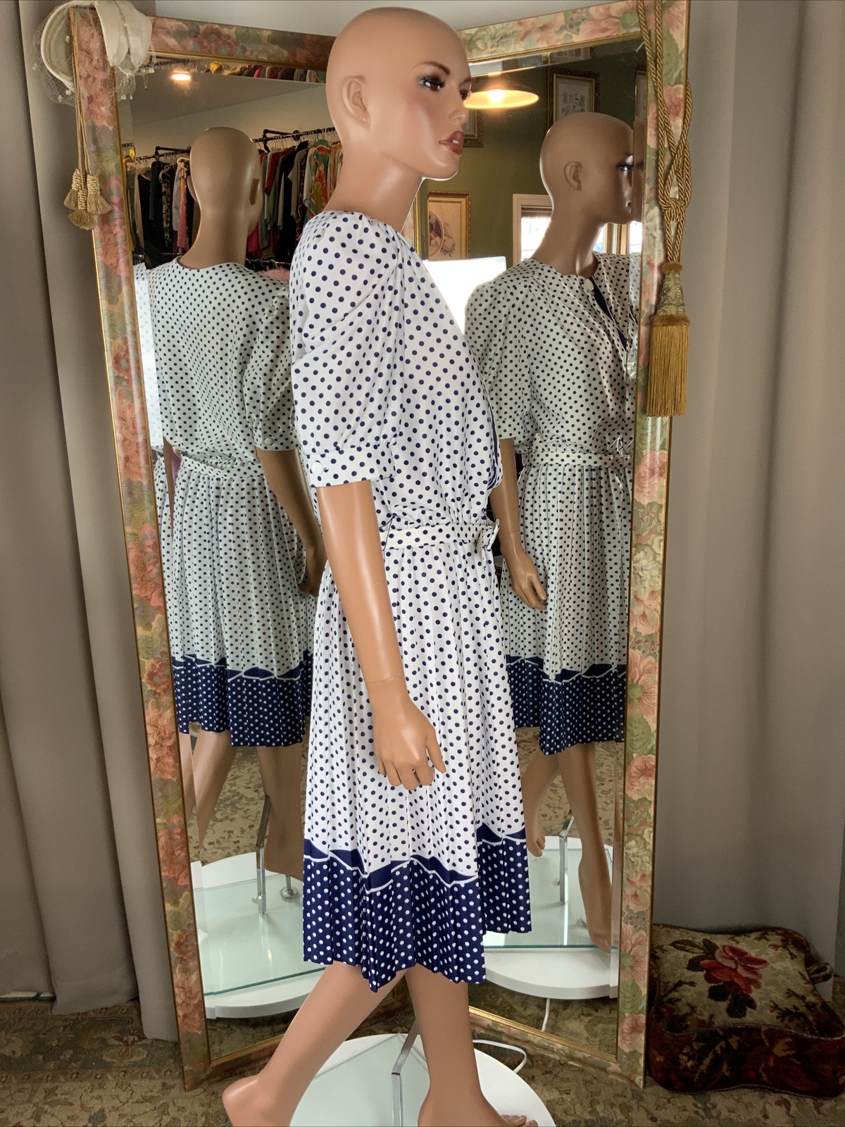 Vtg 80s Whirlaway Frocks Blue & White Polka Dot Belted Dress Sz 16P Bust 40