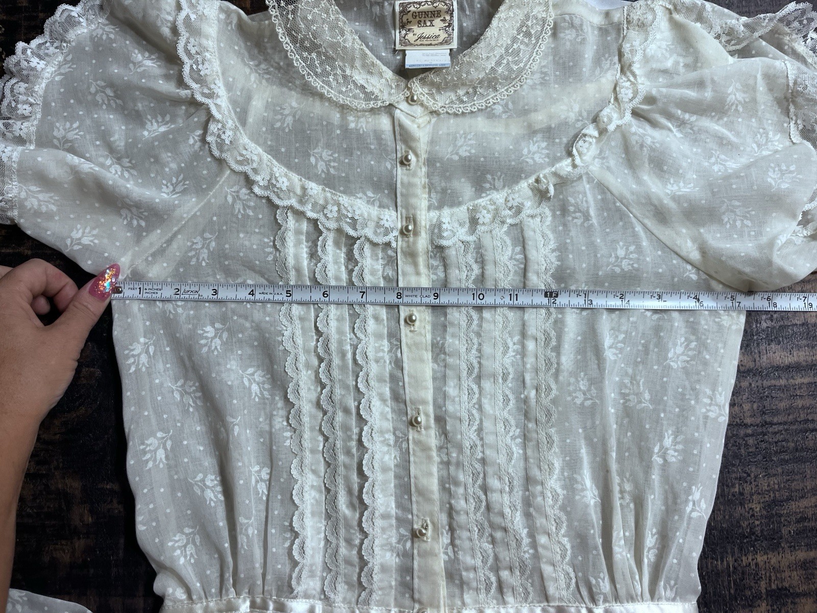 Vintage Gunne Sax by Jessica McClintock Floral Lace Sleeve Pearl Dress Size 9