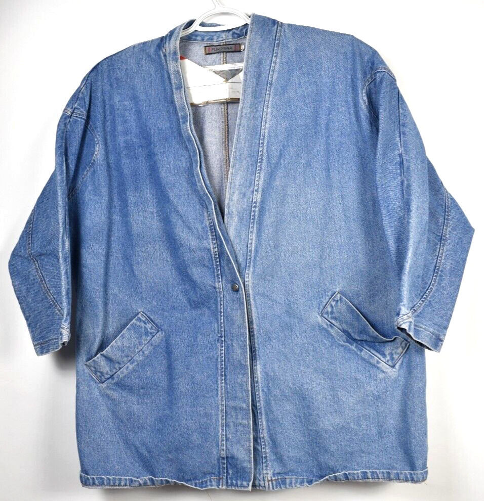 BEBE FURRRINA Large Women’s Vintage Denim Jacket 1 Snap Dolman Sleeve