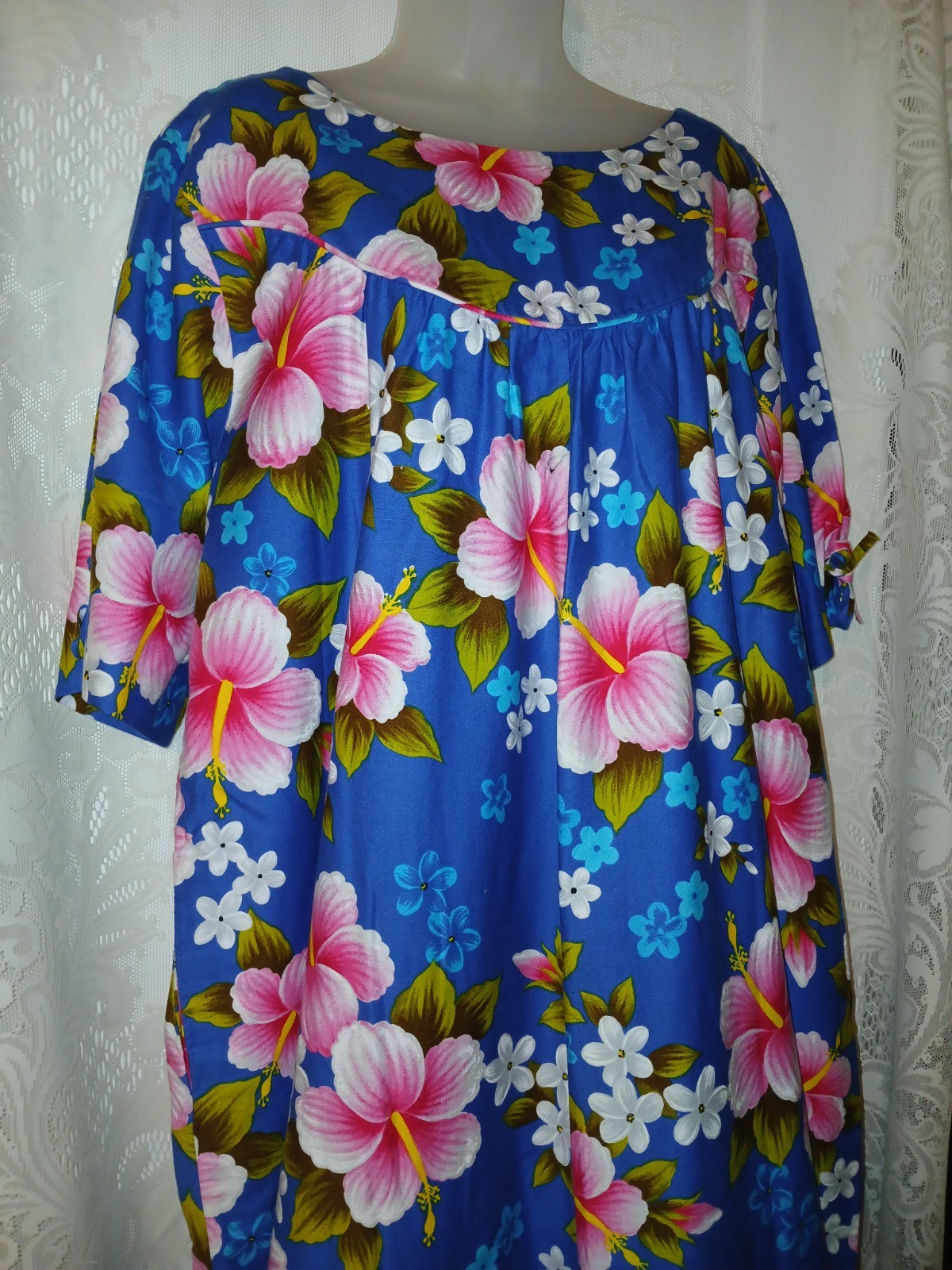 Vintage 60s Ui-Maikai Blue Hawaiian Pink Hibiscus Cotton Muumuu Dress XL Tiki O