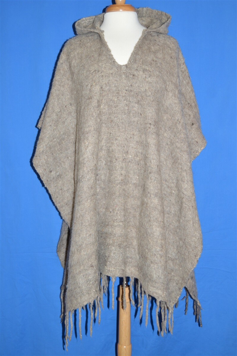 vintage 70s WOMEN’S GRAY WOOL PONCHO HOODED BLANKET COAT 40 IN LONG