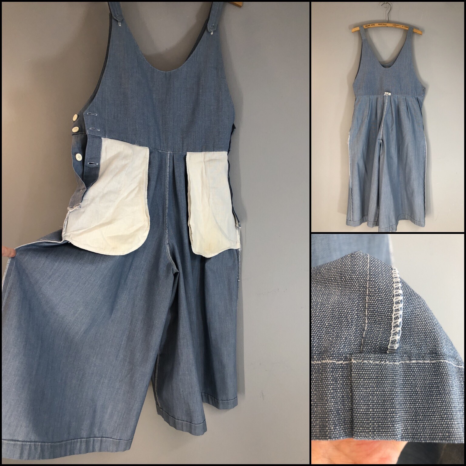 Vtg 70s Denim Jumpsuit Chambray Overalls Gauchos duz 40s Wide Leg M M-L 31 waist
