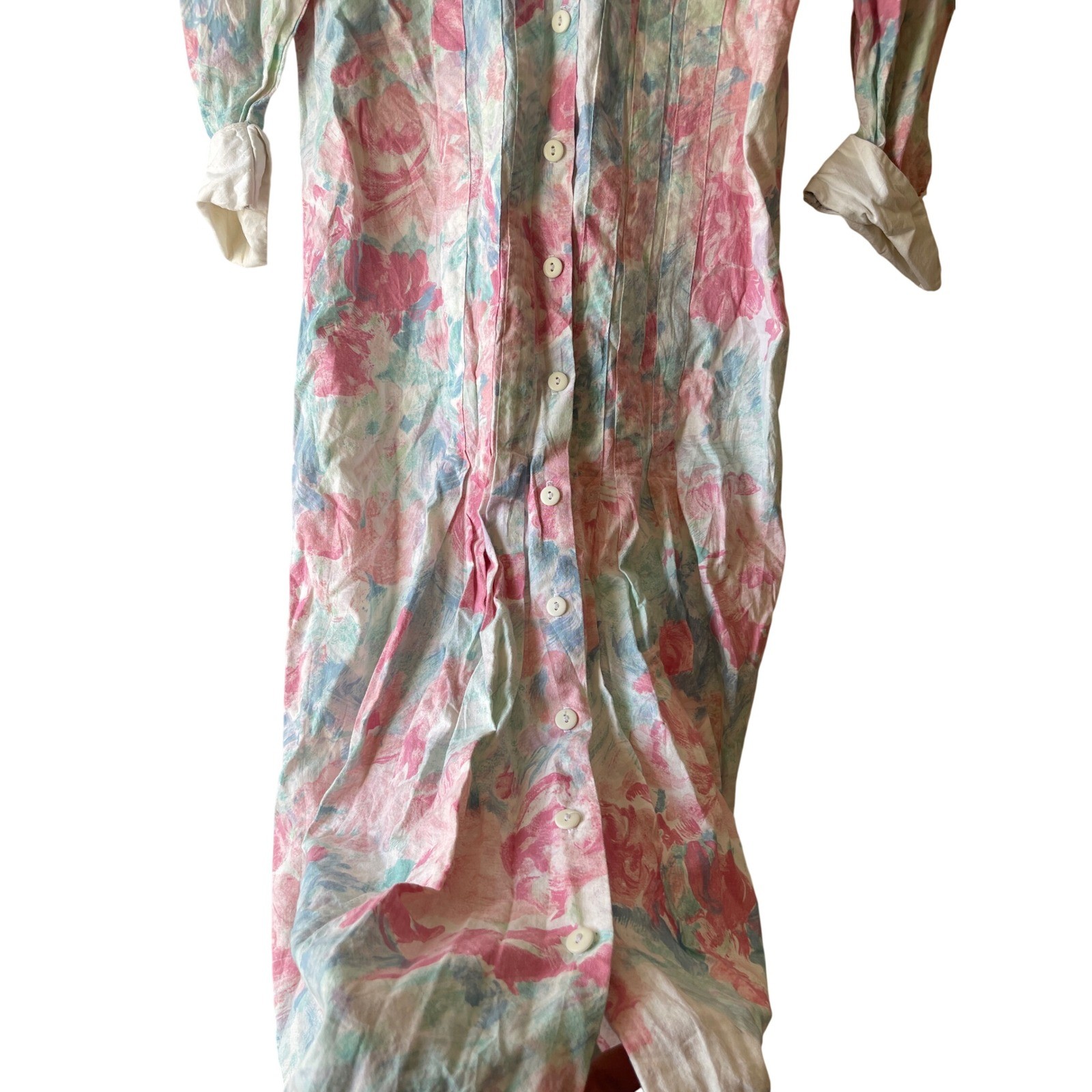 Vintage Floral Midi Dress Pastel Eyelet Collar Cotton cottagecore small