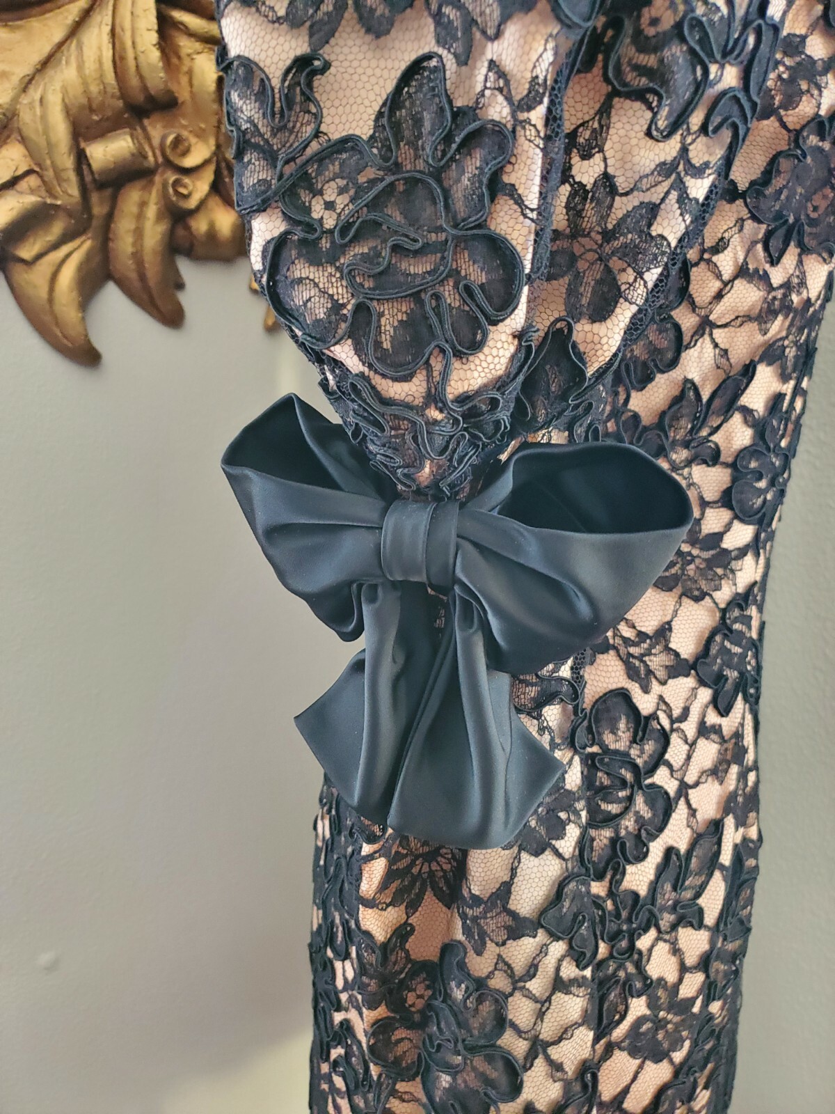 VTG 80’S ISABELLE ALLARD BLACK FLORAL LACE PRINCESS BOW VICTORIAN PARTY DRESS XS