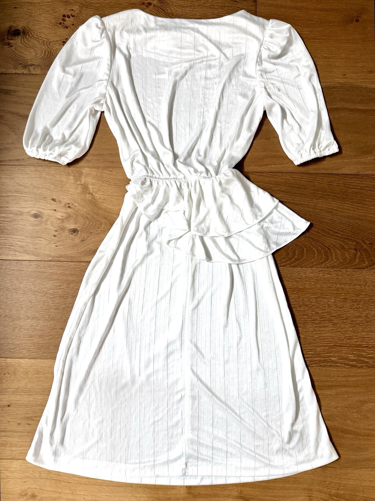 80s VTG Joni Blair Dress White Shimmer Pinstripe Peplum Puff Sleeve Shoulder Pad