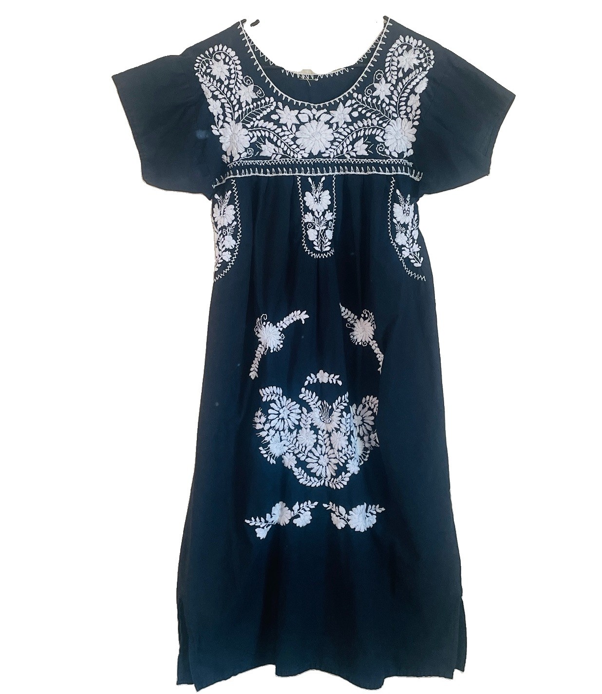 Vintage Black White Cotton Embroidered Floral Boho Hippy Mexican Dress~Small/Med