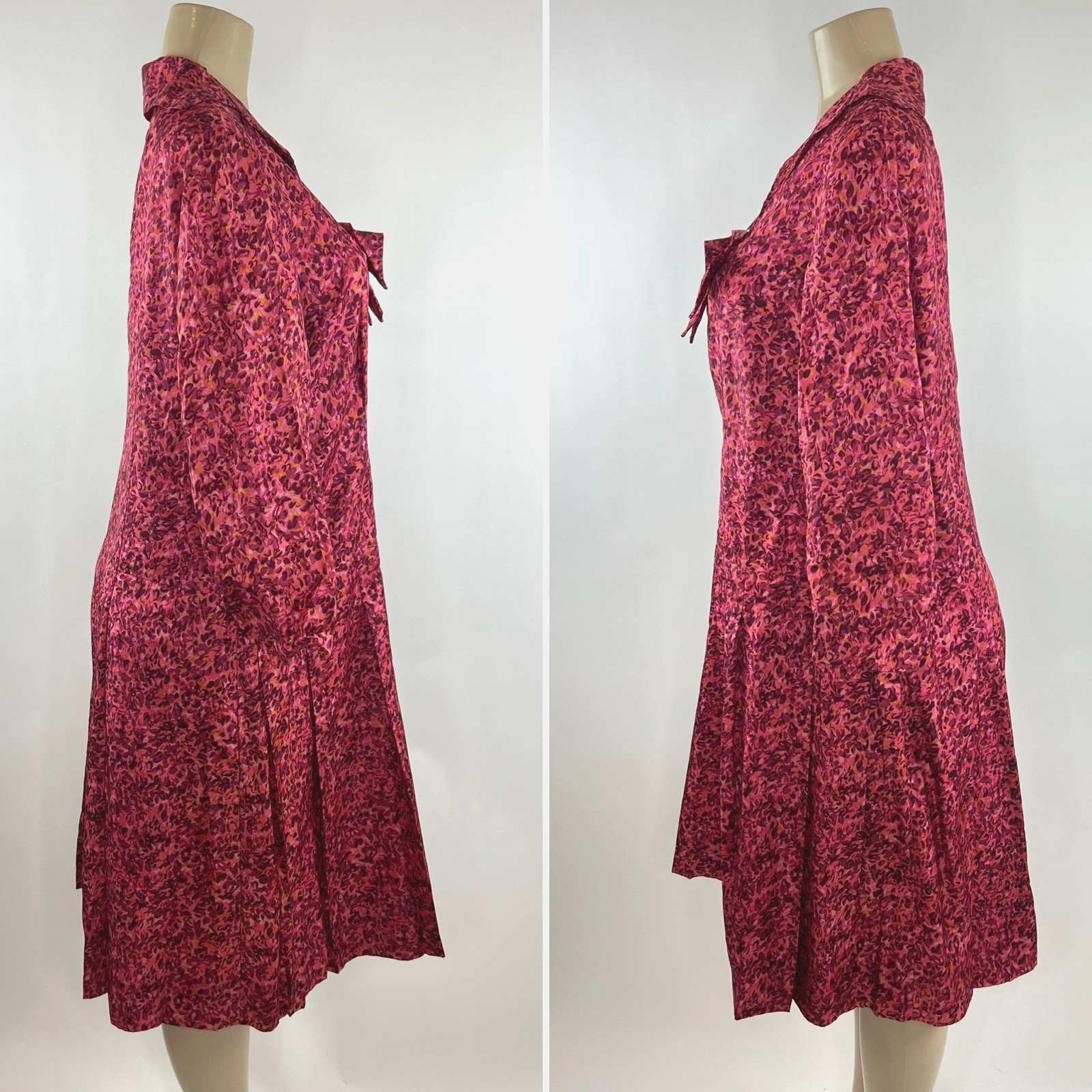 Vintage 1960s Dress Colorful Pink Abstract Floral Mod Drop Waist Bow Rhinestone