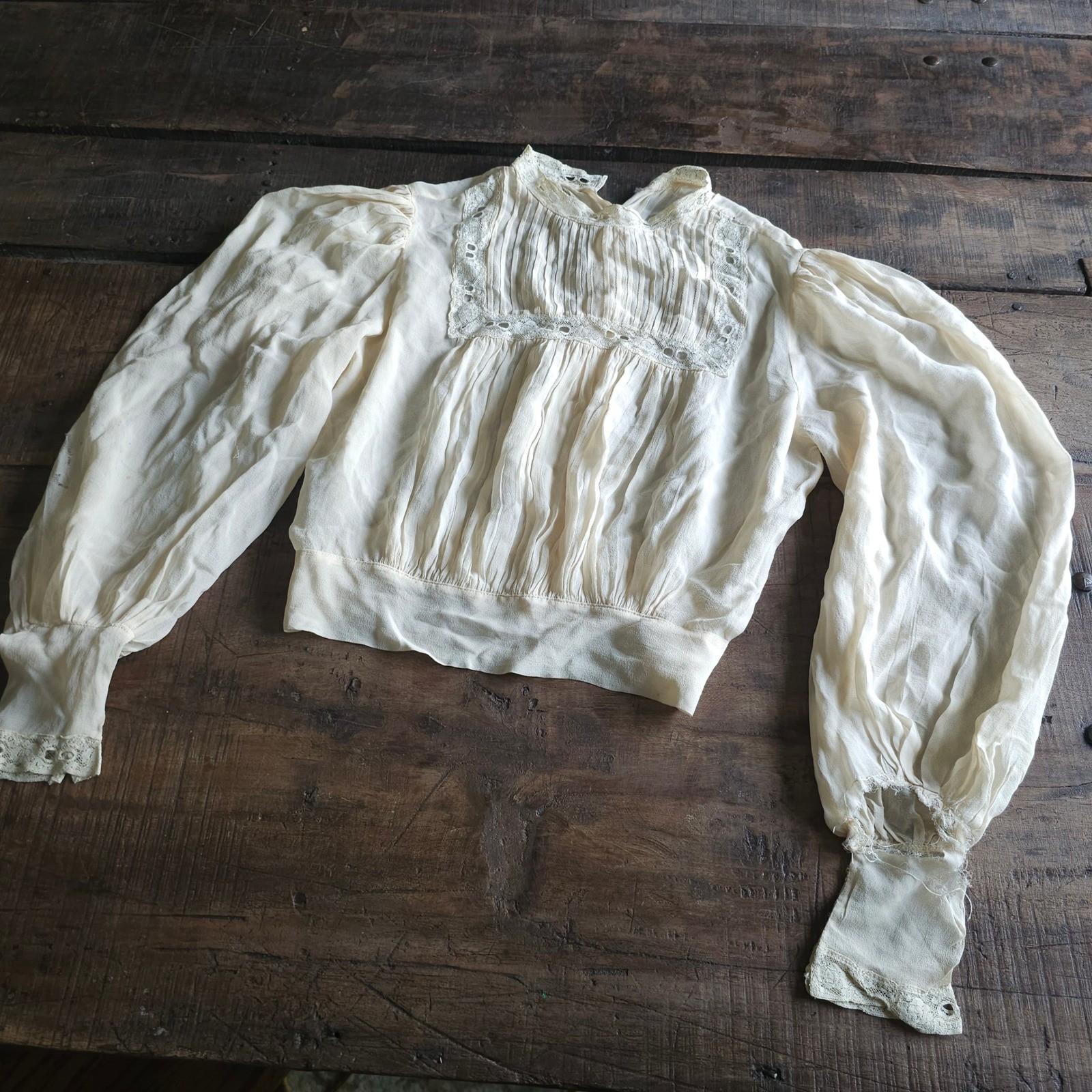 Antique Edwardian Pigeon Breast Blouse Lace Trim Bishop Sleeve Cream Top AS IS