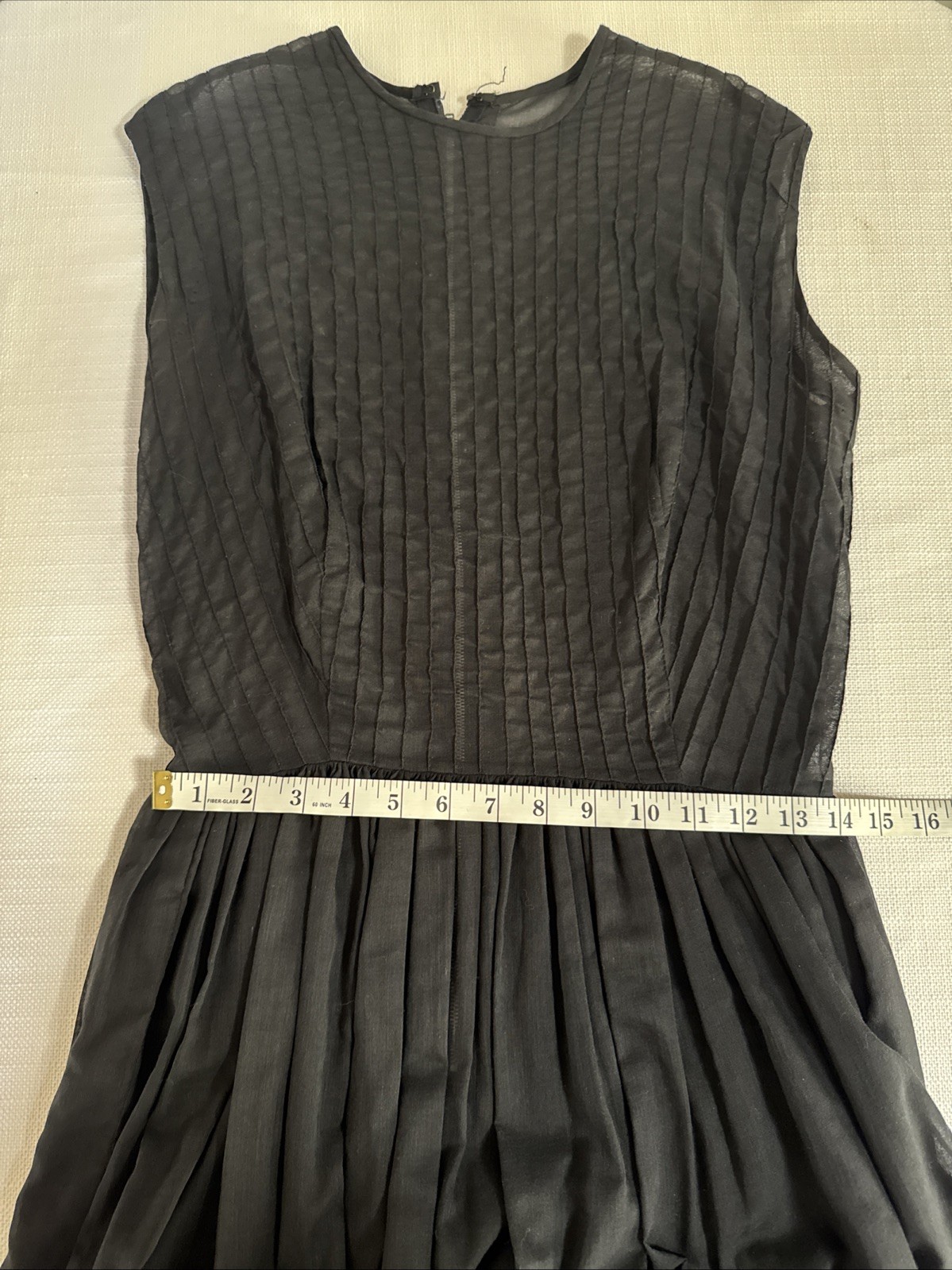 True Vintage 1950’s Black Sheer Cotton Mid Century Dress Pintuck Bodice M
