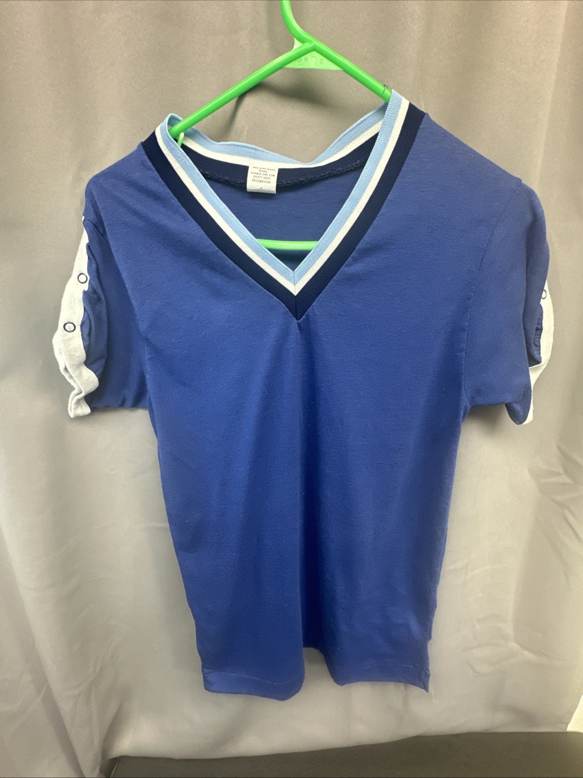 Vtg 80s V Neck Ringer T-Shirt Blue M Snap Top Sleeve Retro Fits Like Sm Summer