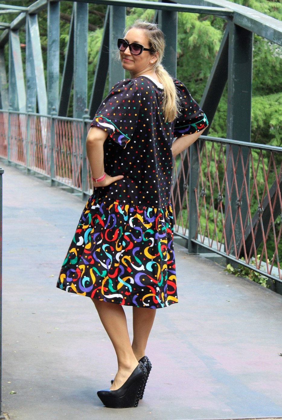 Vintage 80s Appel Caftan Dress Large Women Multicolor Cotton Loose Fit