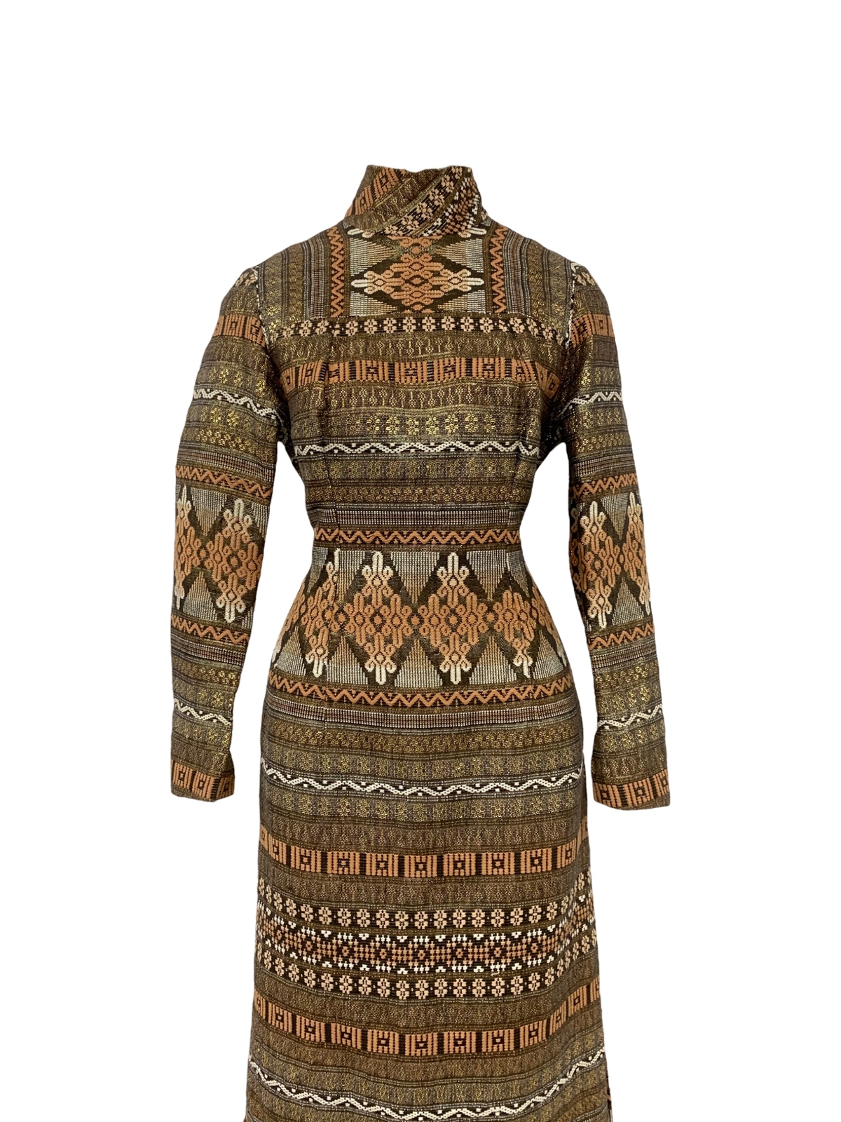 Vtg Vintage 1970s 70s Woven Metallic Geometric Textile Ethnic French Lady Dress