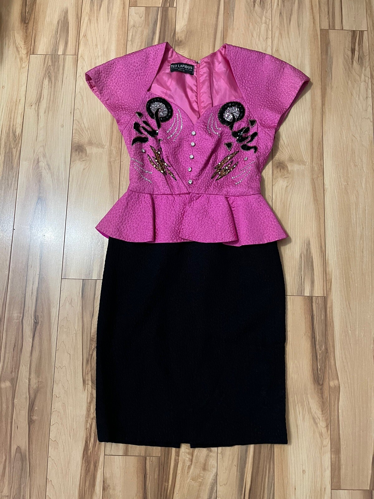 Vintage Ted Lapidus Couture Paris Hot Pink & Black Beaded Dress Peplum 4/6 Glam