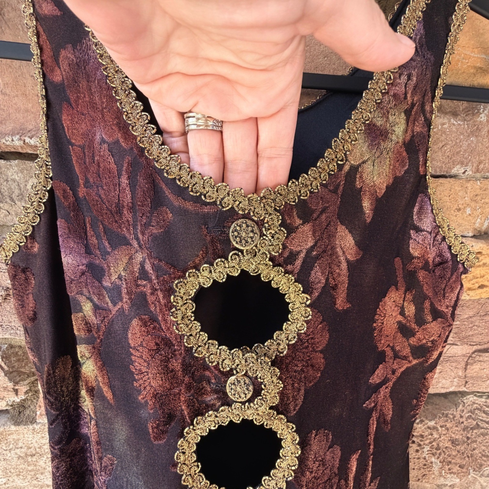 VTG Joseph Ribkoff Women 8 Whimsigoth Dark Floral Burnout Cutout Trim Maxi Dress