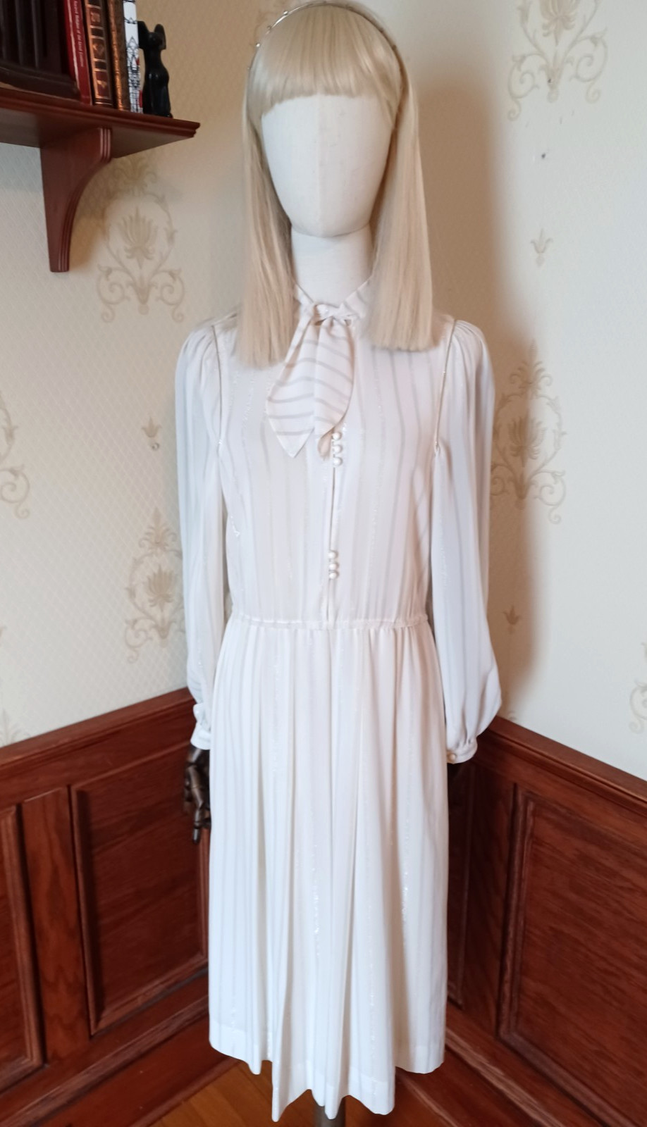 Vintage 70s/80s White Pussybow Semi-Sheer Dress with Gold and Silver Accents