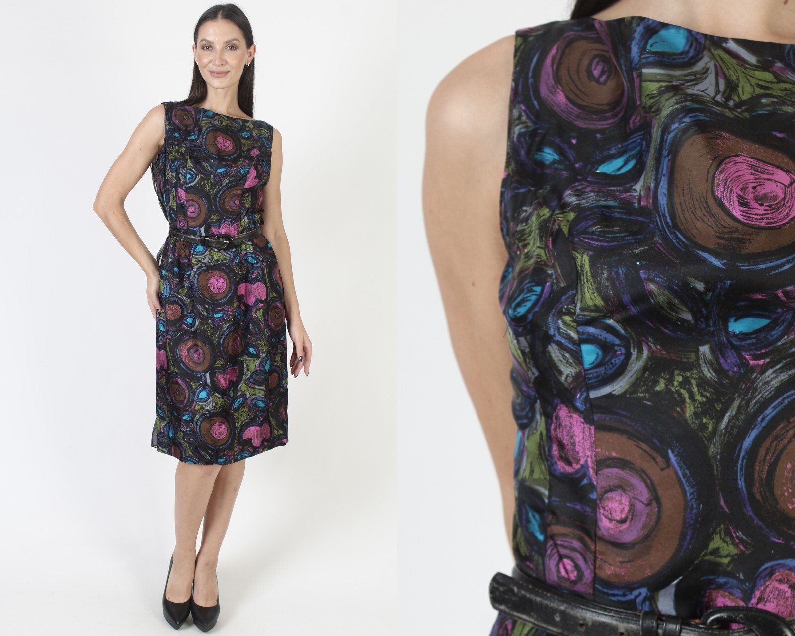 Vintage Black Floral Chiffon Rockabilly Dress Mid Century Atomic Pin Up Tank