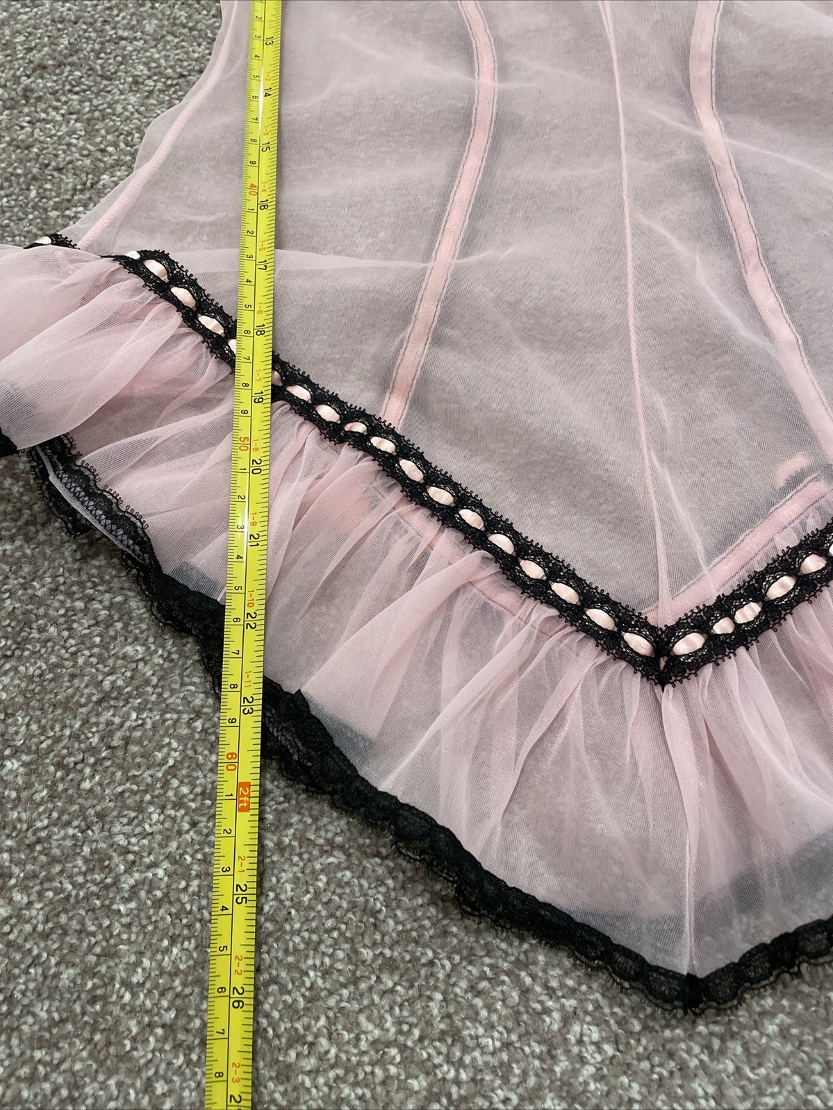 Vintage 1950s Glydons Chiffon Skirted Slip Teddy Pink Black Small Ruffle Pin Up