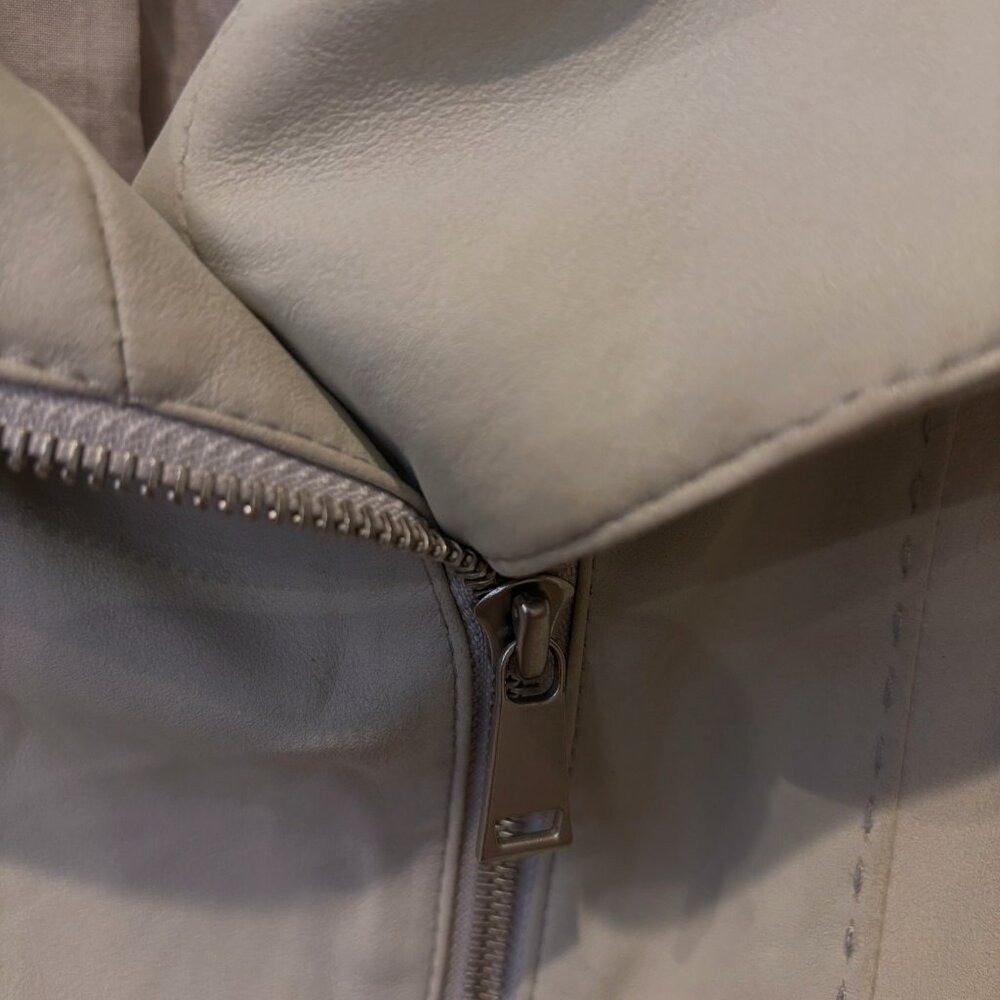 Vince Goat Leather Asymmetrical Moto Jacket Cashmere Ribbed Knit Trim Taupe
