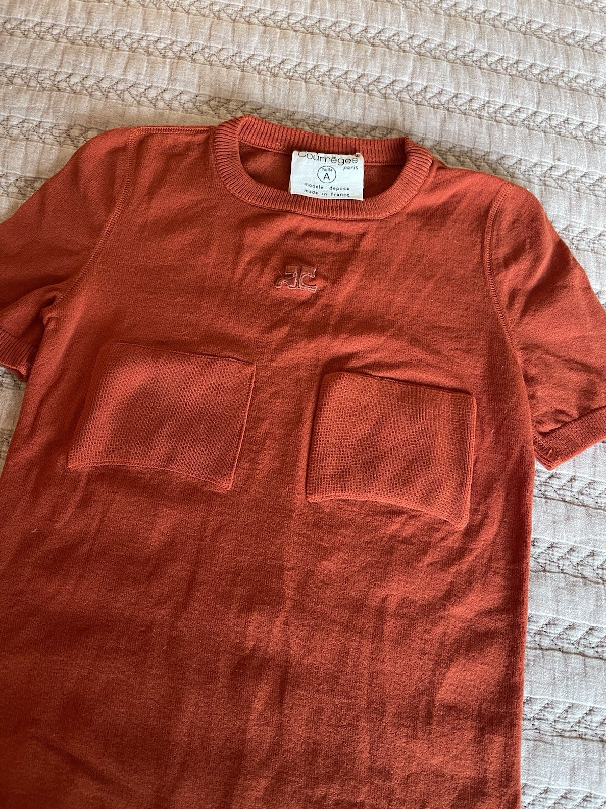 Vintage 70s Courreges Sheer Patch Pocket Logo T-Shirt Burnt Orange – SEXY!