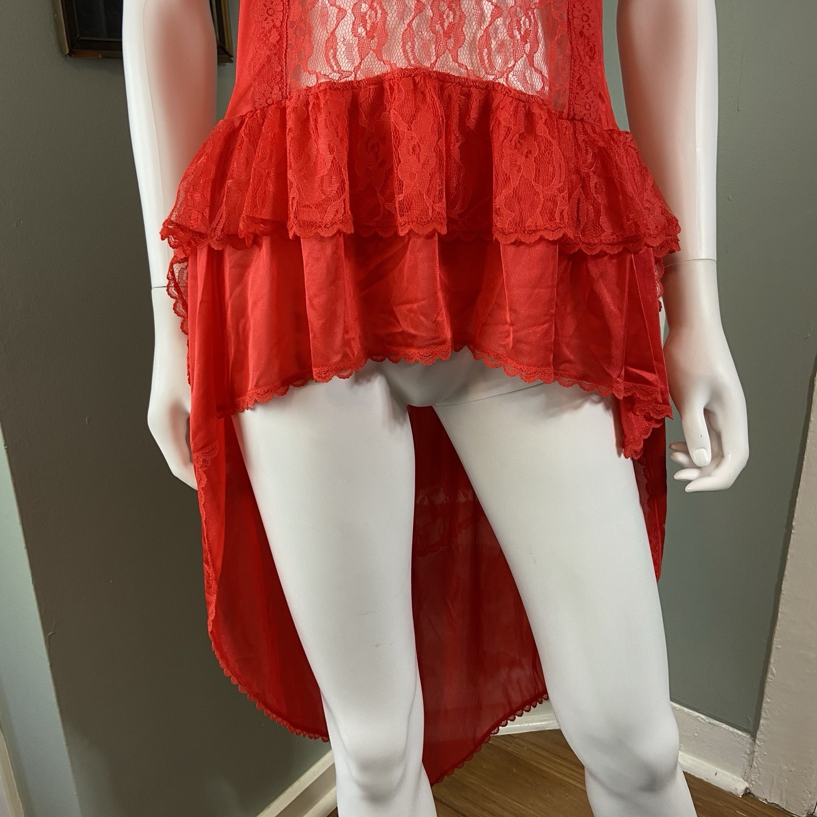 Vintage 80s Stroke of Midnight Sheer Lace Nylon High-Low Negligee Lingerie Large