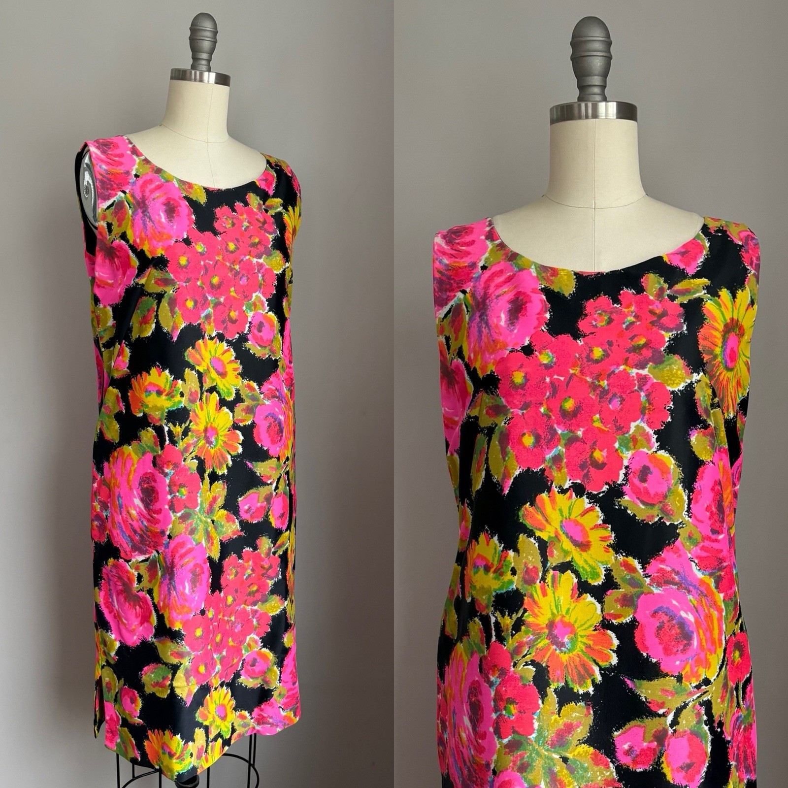 Vintage Mod 1960’s Neon Pink Day Glo Roses & Floral on Black Shift Dress XS/S